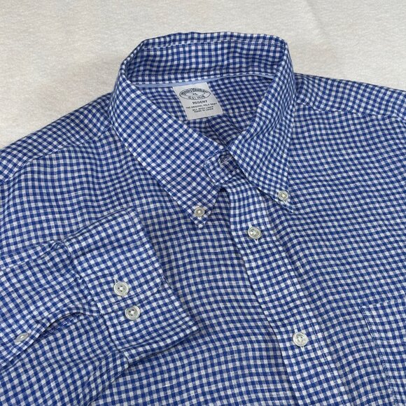 Brooks Brothers 1818 Regent Fit Linen Blue Check Button Down Shirt Mens XL - Picture 1 of 10